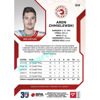 2022/23 Sportzoo ELH 1. série #013 Aron Chmielewski Red xx/49