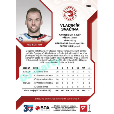 2022/23 Sportzoo ELH 1. série #018 Vladimír Svačina Red xx/49