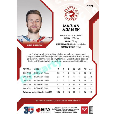 2022/23 Sportzoo ELH 1. série #003 Marian Adámek Red xx/49