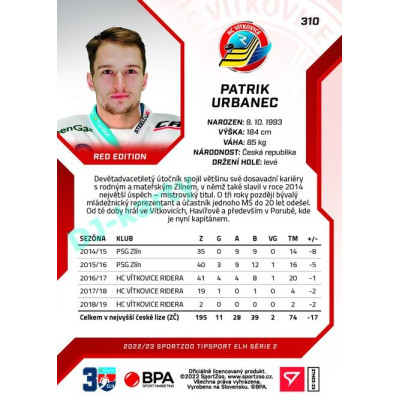 2022/23 Sportzoo ELH 2. série #310 Patrik Urbanec Red xx/49