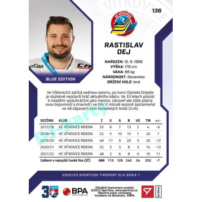 2022/23 Sportzoo ELH 1. série #136 Rastislav Dej Blue xx/99