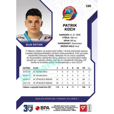 2022/23 Sportzoo ELH 1. série #130 Patrik Koch Blue xx/99