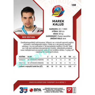 2022/23 Sportzoo ELH 1. série #138 Marek Kalus Red xx/49