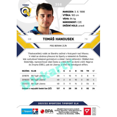 2021/22 Sportzoo TIPSPORT ELH 2. série #356 Tomáš Hanousek