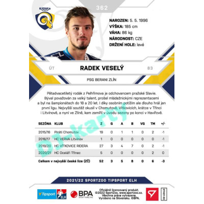 2021/22 Sportzoo TIPSPORT ELH 2. série #362 Radek Veselý