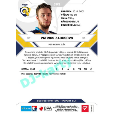 2021/22 Sportzoo TIPSPORT ELH 2. série #363 Patriks Zabusovs