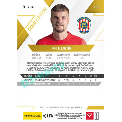 2022/23 Sportzoo Fortuna Liga 1. série #196 Jan Hladík Gold xx/99