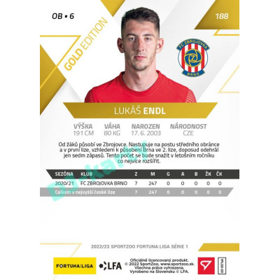 2022/23 Sportzoo Fortuna Liga 1. série #188 Lukáš Endl Gold xx/99