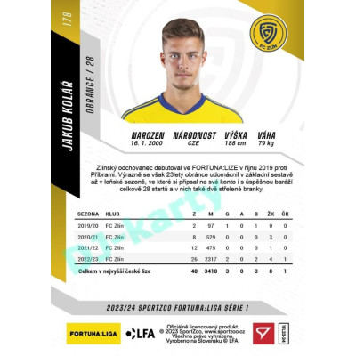 2023/24 Sportzoo Fortuna Liga 1. série #178 Jakub Kolář