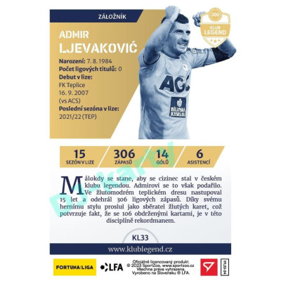 2023/24 Sportzoo Fortuna Liga 1. série #KL33 Admir Ljevaković Klub Legend Limited xxx/130