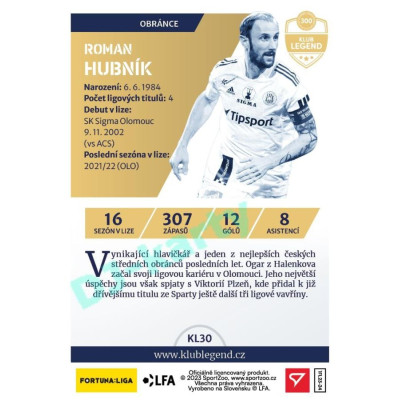 2023/24 Sportzoo Fortuna Liga 1. série #KL30 Roman Hubník Klub Legend Limited xxx/130