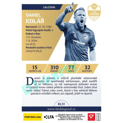 2023/24 Sportzoo Fortuna Liga 1. série #KL31 Daniel Kolář Klub Legend Limited xxx/130