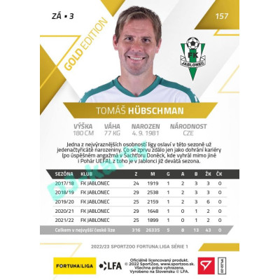 2022/23 Sportzoo Fortuna Liga 1. série #157 Tomáš Hübschman Gold xx/99