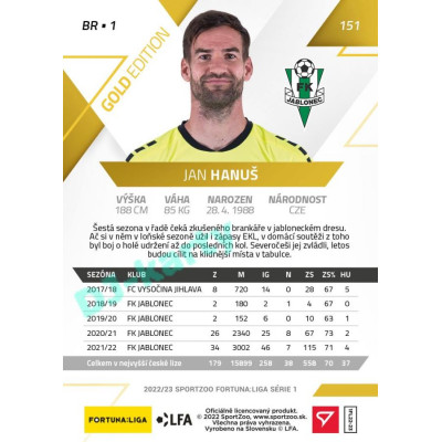 2022/23 Sportzoo Fortuna Liga 1. série #151 Jan Hanuš Gold xx/99