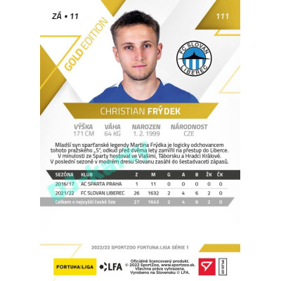2022/23 Sportzoo Fortuna Liga 1. série #111 Christian Frýdek Gold xx/99