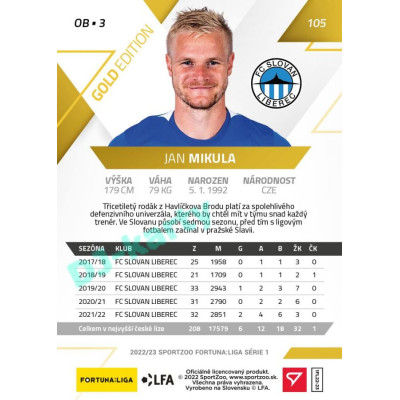 2022/23 Sportzoo Fortuna Liga 1. série #105 Jan Mikula Gold xx/99