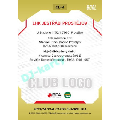 2023/24 Goal cards Chance Liga 1. série #CL-04 LHK JESTŘÁBI PROSTĚJOV Club Logo