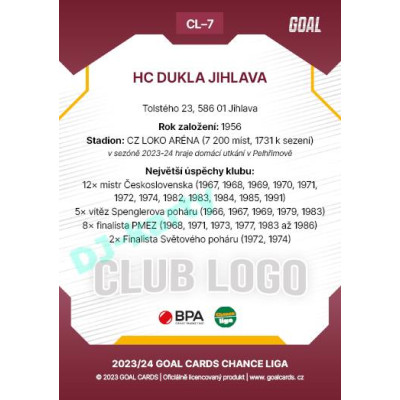 2023/24 Goal cards Chance Liga 1. série #CL-07 HC DUKLA JIHLAVA Club Logo