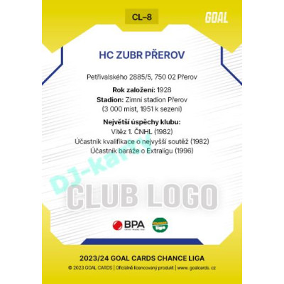 2023/24 Goal cards Chance Liga 1. série #CL-08 HC ZUBR PŘEROV Club Logo