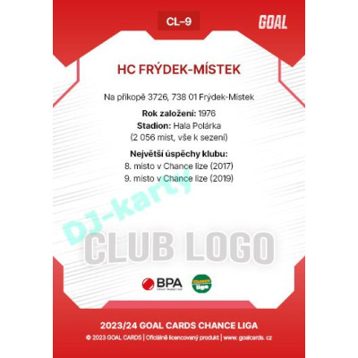 2023/24 Goal cards Chance Liga 1. série #CL-09 HC FRÝDEK-MÍSTEK Club Logo