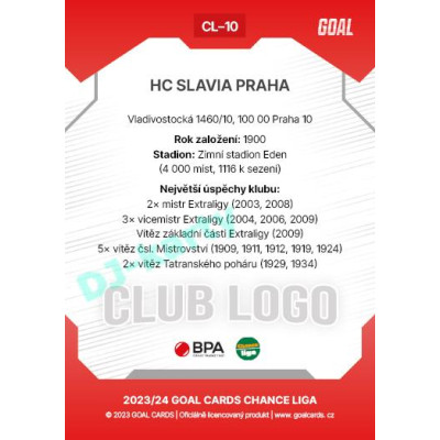2023/24 Goal cards Chance Liga 1. série #CL-10 HC SLAVIA PRAHA Club Logo
