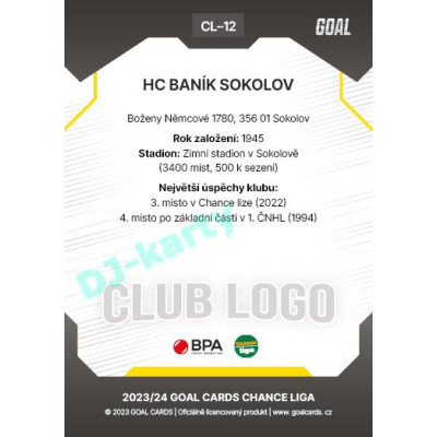 2023/24 Goal cards Chance Liga 1. série #CL-12 HC BANÍK SOKOLOV Club Logo