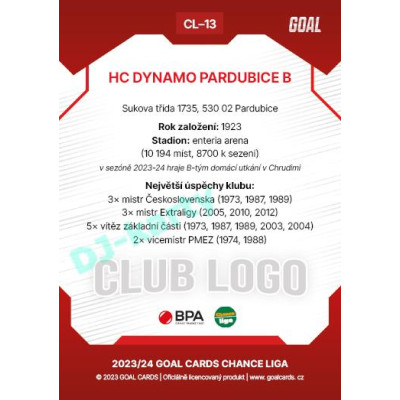2023/24 Goal cards Chance Liga 1. série #CL-13 HC DYNAMO PARDUBICE B Club Logo