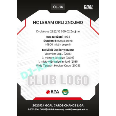 2023/24 Goal cards Chance Liga 1. série #CL-14 HC LERAM ORLI ZNOJMO Club Logo