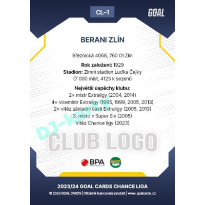 2023/24 Goal cards Chance Liga 1. série #CL-01 BERANI ZLÍN Club Logo