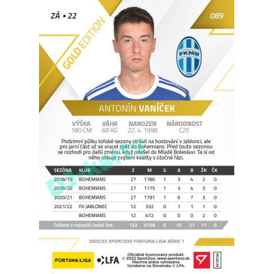 2022/23 Sportzoo Fortuna Liga 1. série #089 Antonín Vaníček Gold xx/99