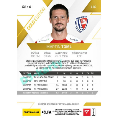 2022/23 Sportzoo Fortuna Liga 1. série #130 Martin Toml Gold xx/99
