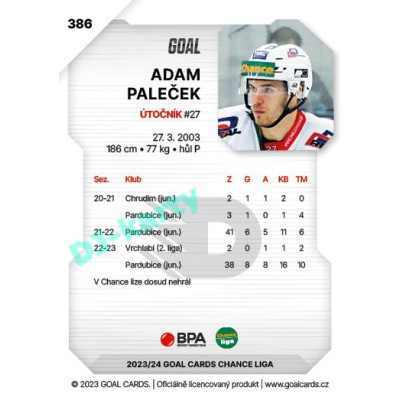 2023/24 Goal cards Chance Liga 2. série #386 Adam Paleček