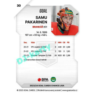 2023/24 Goal cards Chance Liga 1. série #030 Samu Pakarinen