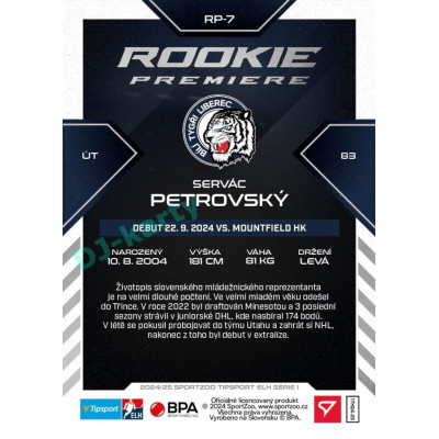 2024/25 Sportzoo ELH 1. serie #RP-7 Servác Petrovský Rookie Premiere