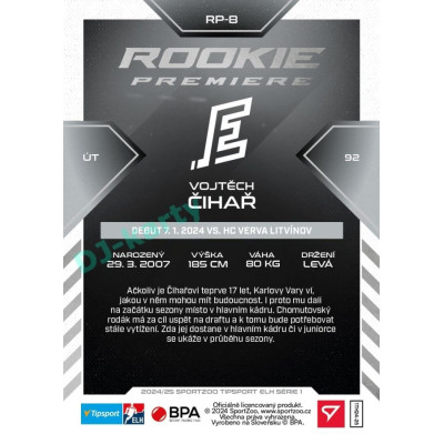 2024/25 Sportzoo ELH 1. serie #RP-8 Vojtěch Čihař Rookie Premiere