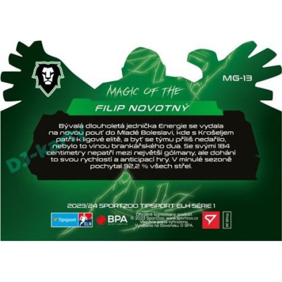 2023/24 Sportzoo ELH 1. série #MG-13 Filip Novotný Magic of the Goalie Die Cut Limited xx/80