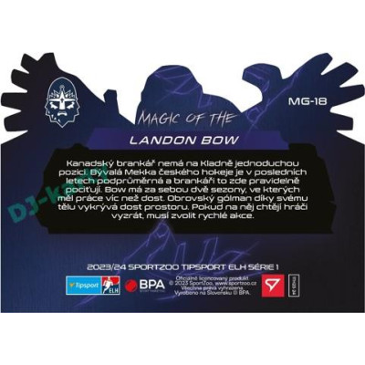 2023/24 Sportzoo ELH 1. série #MG-18 Landon Bow Magic of the Goalie Die Cut Limited xx/80