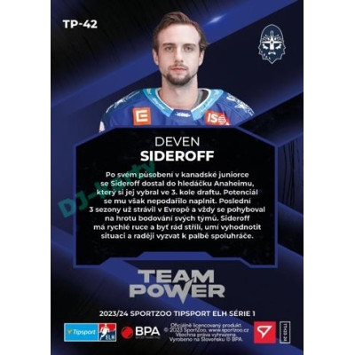 2023/24 Sportzoo ELH 1. série #TP-42 Deven Sideroff Team Power