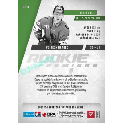 2023/24 Sportzoo ELH 1. série #RP-07 Vojtěch Hradec Rookie Premiere