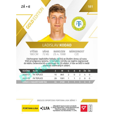 2022/23 Sportzoo Fortuna Liga 1. série #181 Ladislav Kodad Gold xx/99
