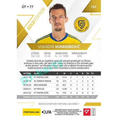 2022/23 Sportzoo Fortuna Liga 1. série #150 Vukadin Vukadinovič Gold xx/99